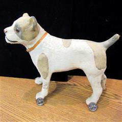 RARE ANTIQUE LATE 1800'S MOLDED CARDBOARD SPOTTED DOG W/GLASS EYES ON WHEELS